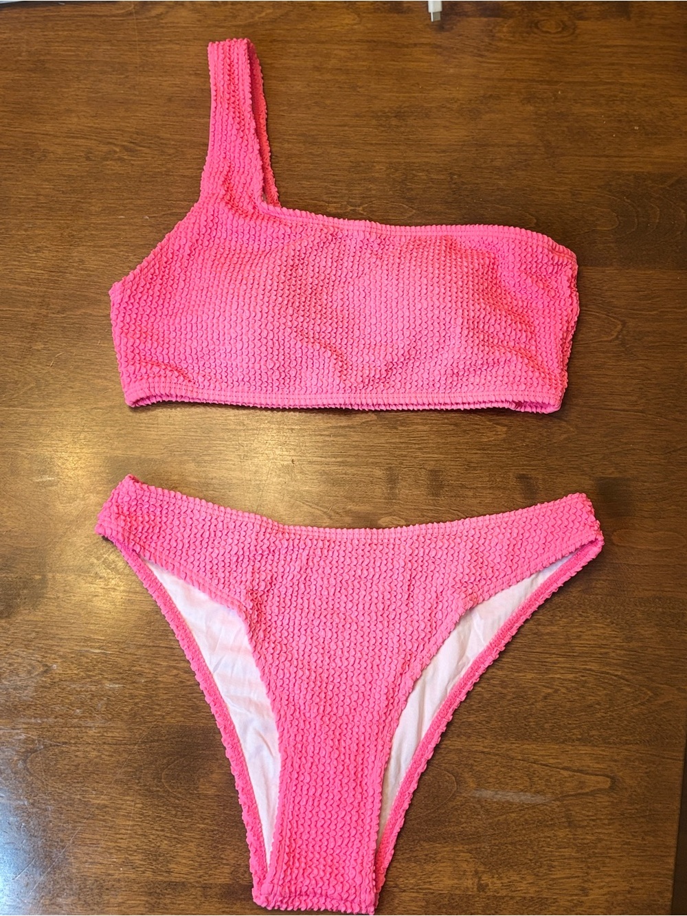 Source Unknown Bright Pink Textured One-Shoulder Bikini